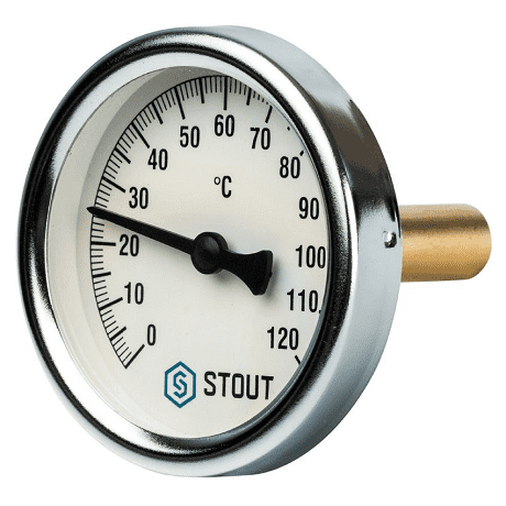 Термометр биметаллический 120°C, ⌀63мм с погружной гильзой 50мм, 1/2 Stout