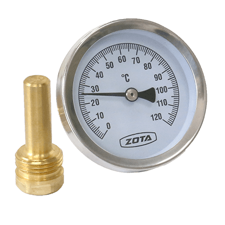 Термометр биметаллический 120°C, ⌀63мм с погружной гильзой 50мм, 1/2 ZOTA